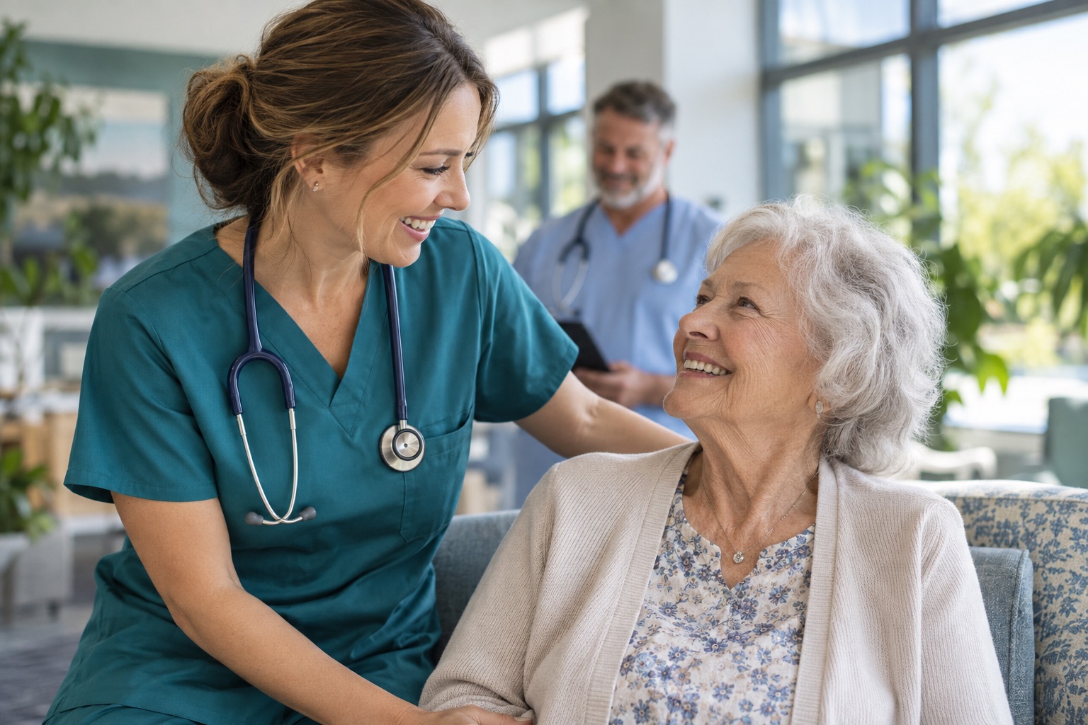 A nurse in teal scrubs sharing a warm moment with an older woman at a care facility